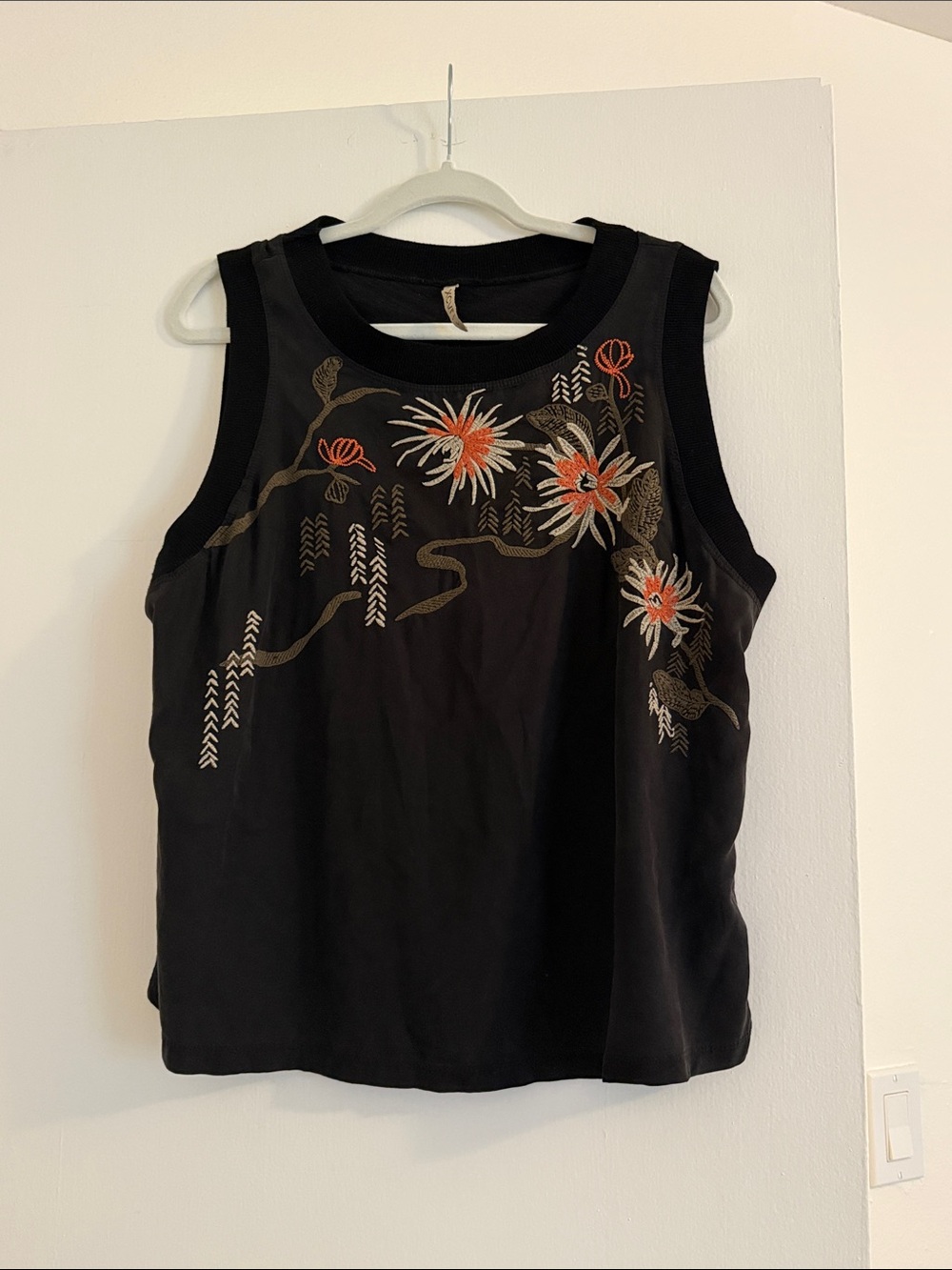 XCVI Black Tank Top with Orange and Cream Floral Embroidery